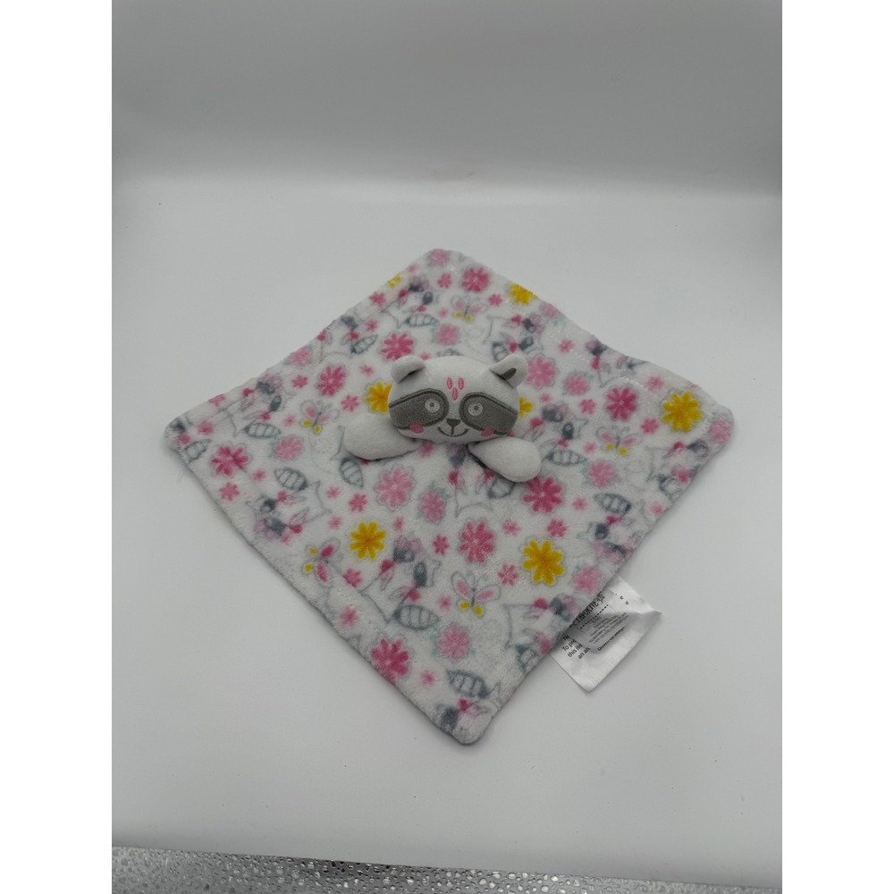 Le Bebe Favorite Raccoon Lovey Security Blanket Pink Yellow Floral White Fleece